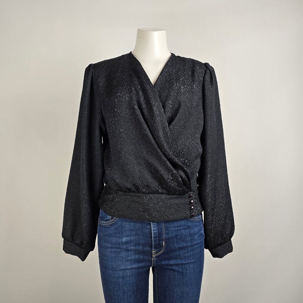 Vintage Sport Collection Black Puff Sleeve Wrap Top Size M/L